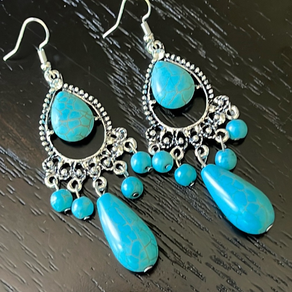 Faux turquoise and antique silver metal earrings-NWT